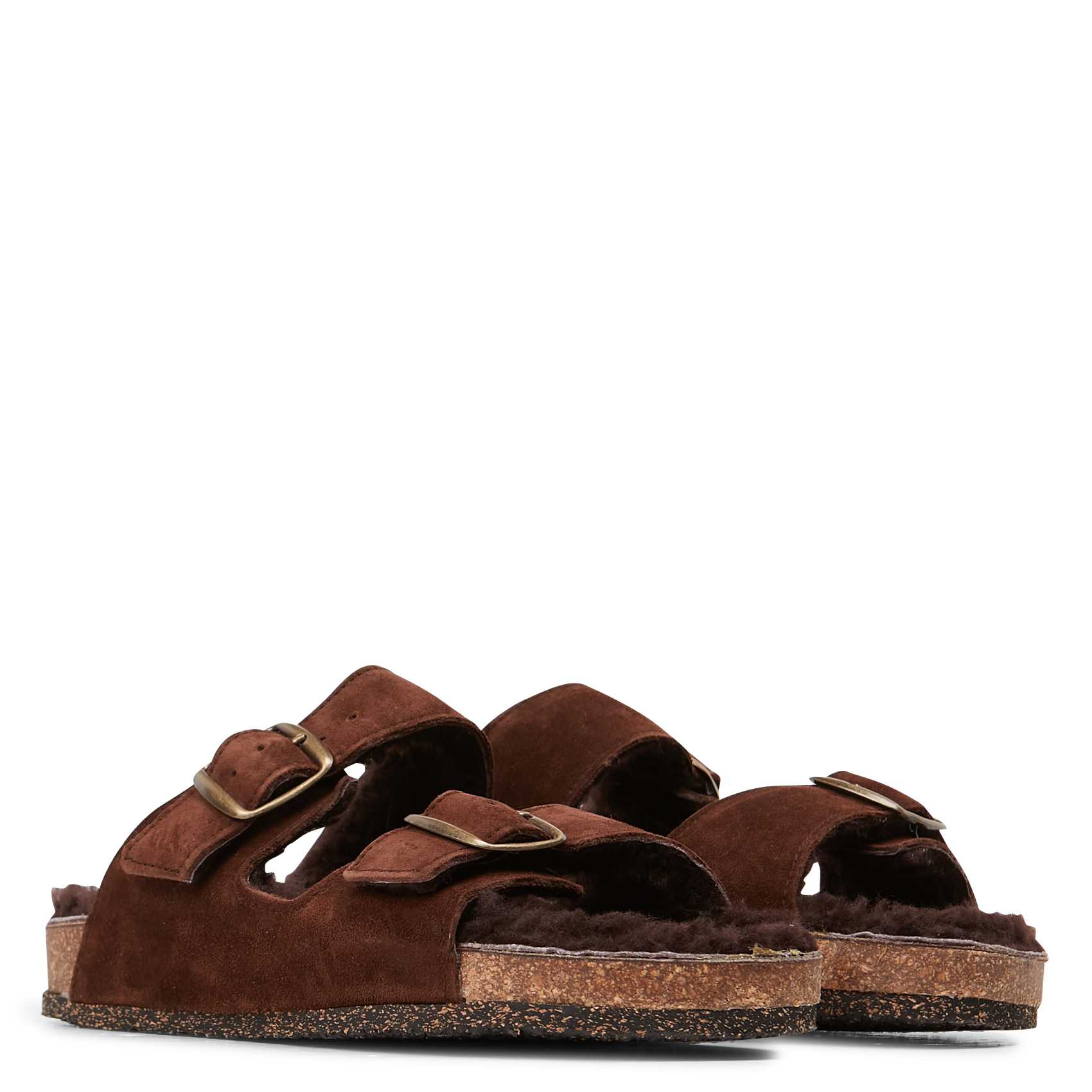 Sandales fourrées en cuir velours | Marron