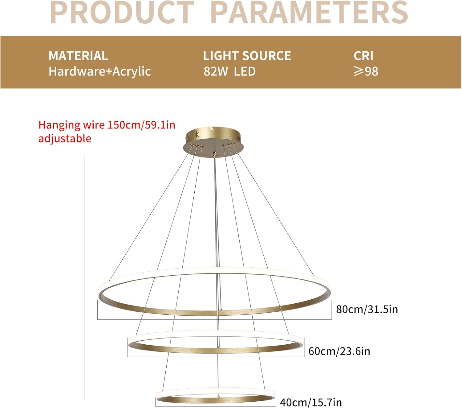 LED-Pendelleuchte, dimmbare Acryl-3-Ring-Pendelleuchte, goldene moderne Pendelleuchte, Esstisch für Kücheninsel, Esszimmer, Wohnzimmer, Schlafzimmer, Eingangshalle, hängend, 40 + 60 + 80 cm, 82 W