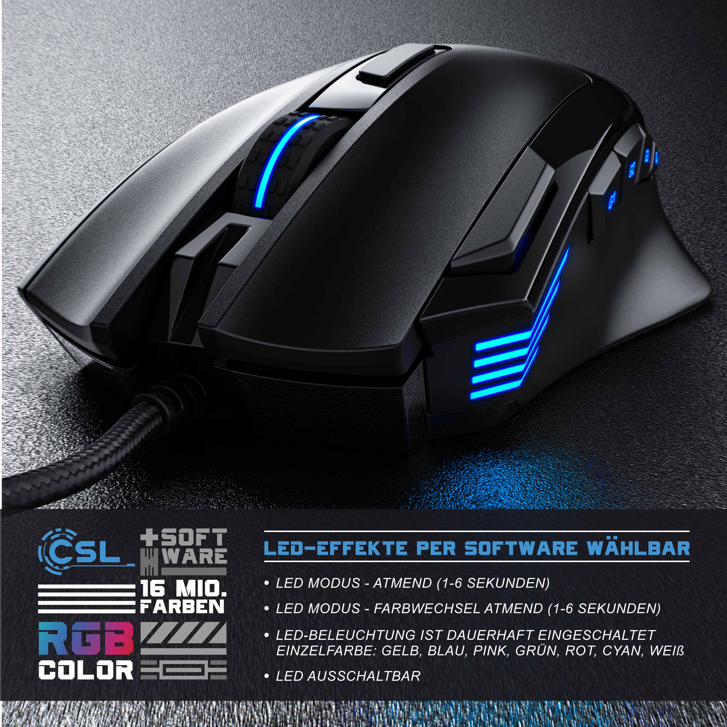 CSL Gaming-Maus kabelgebunden, 125 dpi, optische Gaming Maus, Farbwechsel, 9 Tasten, 600 bis 4800dpi