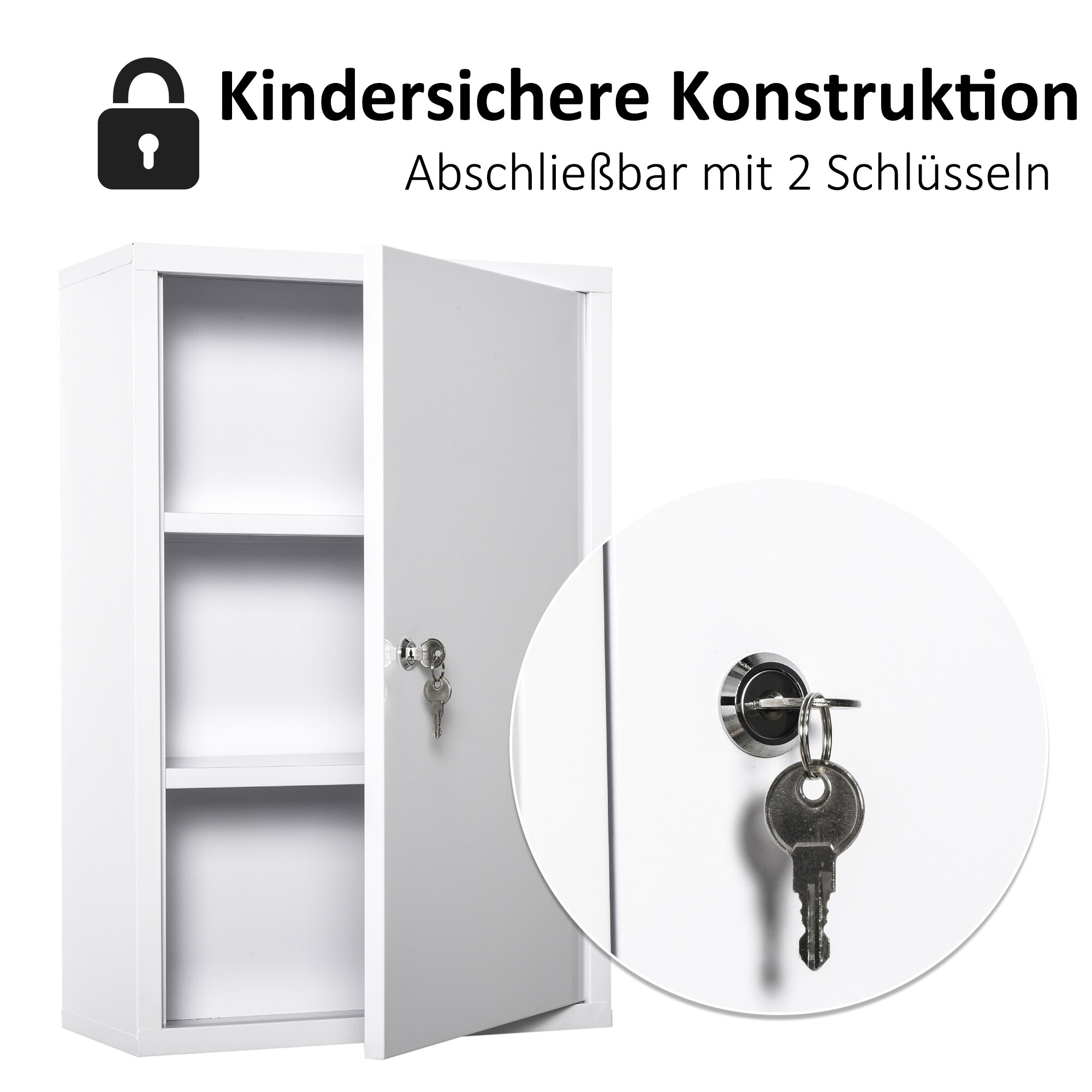 kleankin Medizinschrank mit 2 Regalebenen und abschließbares Schloss weiß 40 x 18 x 60 cm (BxTxH)