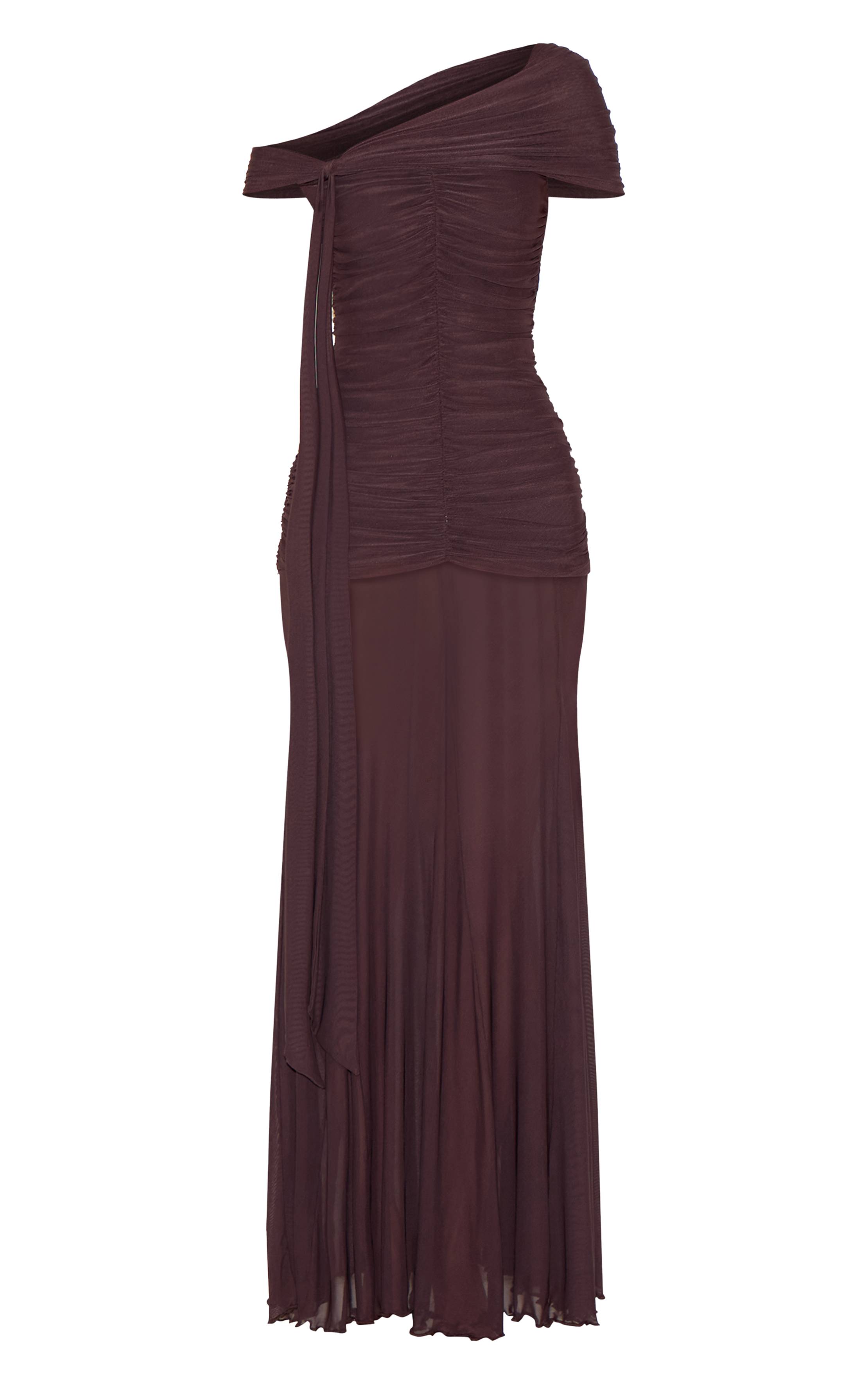 Marron Robe Longue Bardot En Mesh Doublée