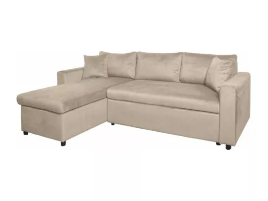 Canapé d'angle 3 places Maria réversible et convertible avec coffre en velours - Grège - L227 x P146 x H81cm - Loungitude