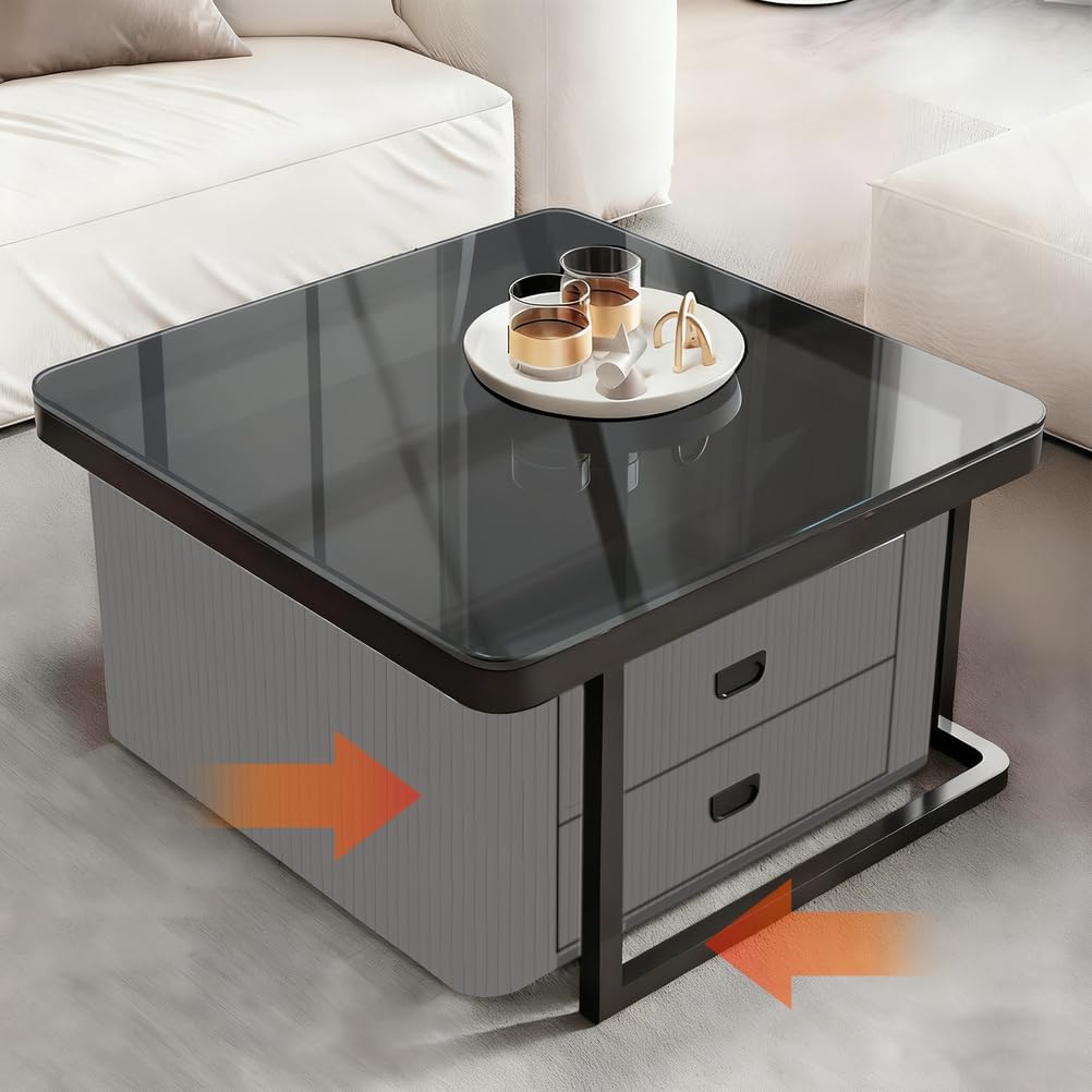 Couchtisch 2er Set, Weiße Marmor Satztisch mit Schubladen, Beistelltisch mit Metallrahmen und Glas, Platzsparender Moderne Sofatische für Schlafzimmer Wohnzimmer Balkon Wohnung,Quadratisch Grau