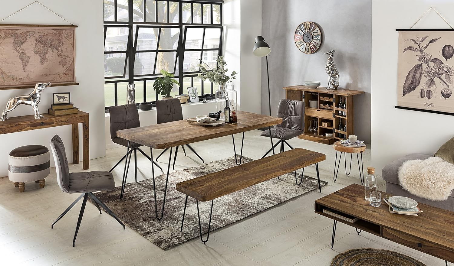 FineBuy Massiver Esstisch Harlem Sheesham Massiv Holz, Esszimmertisch Massivholz mit Design Metall Beinen, Holztisch Tisch Esszimmer, Küchentisch Braun