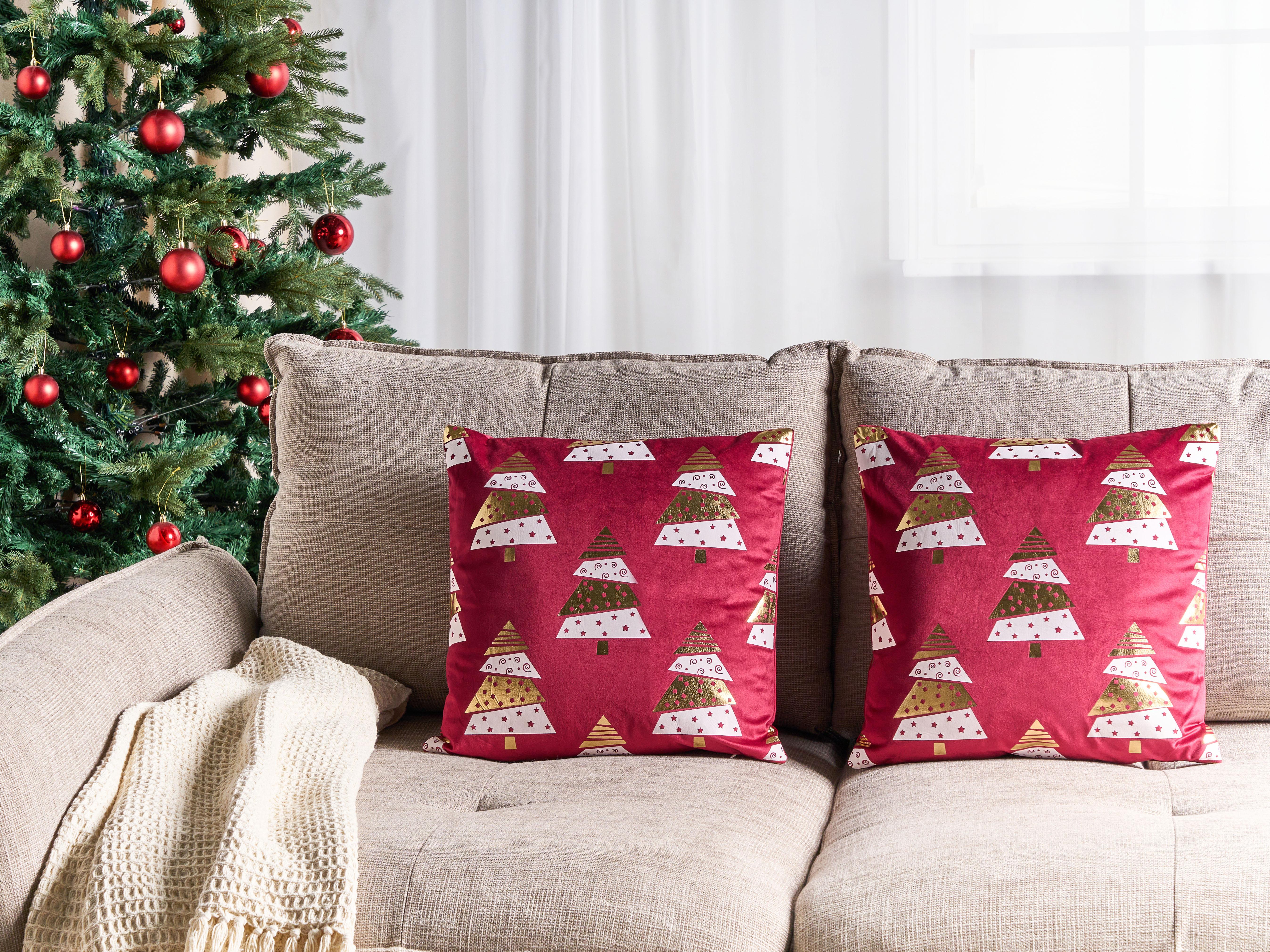 Set van 2 sierkussens GOLDSPRUCE Fluweel 45 x 45 cm Rood kerstmotief