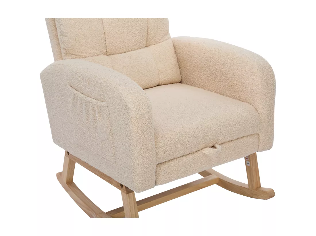 Fauteuil à bascule en velours teddy avec repose-pièds et accoudoirs - 132 x 50 x 99 cm - Structure en bois massif - Beige