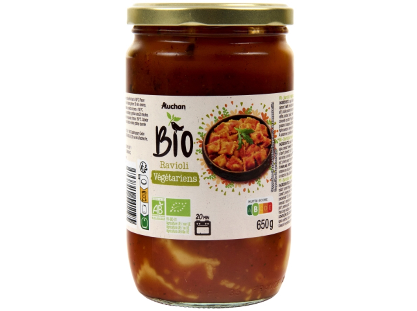 RAVIOLI AUCHAN BIO VEGETARIANO EM FRASCO 650G