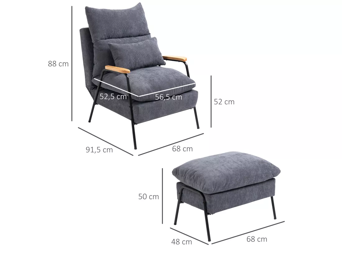 Fauteuil lounge style néo-rétro avec repose-pied - dossier inclinable - structure acier noir accoudoirs bois hévéa revêtement velours cotelé gris