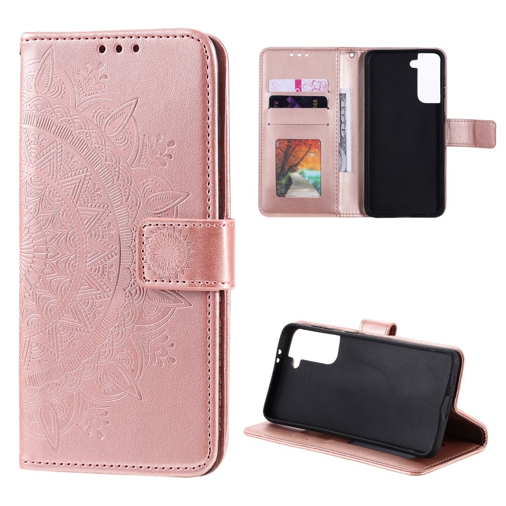 Samsung Galaxy S21  Plus 5G Leder Tasche Wallet - Mandala Flowers Imprint - Roségold