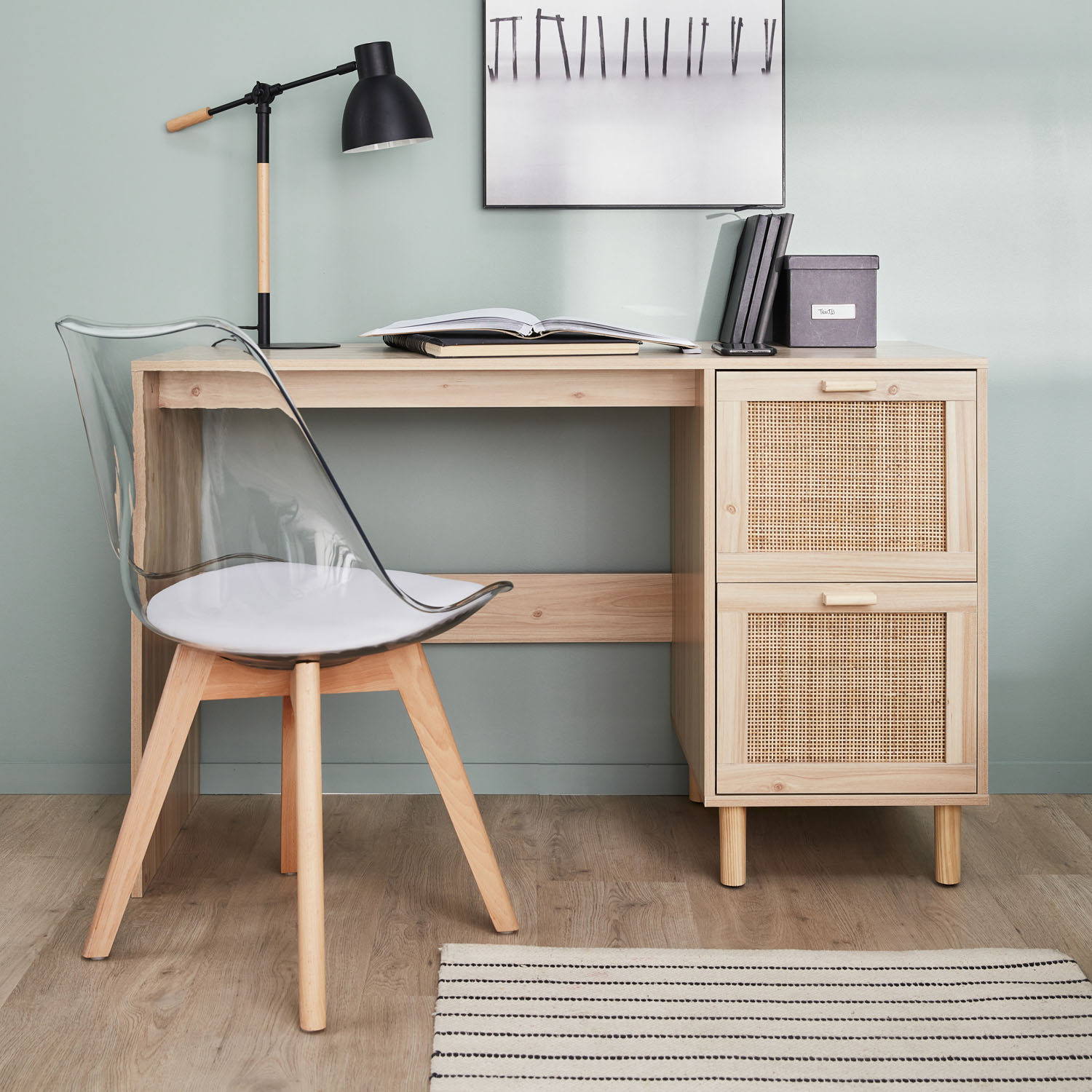 Bureau décor bois et cannage - camargue - 120cm. 2 tiroirs