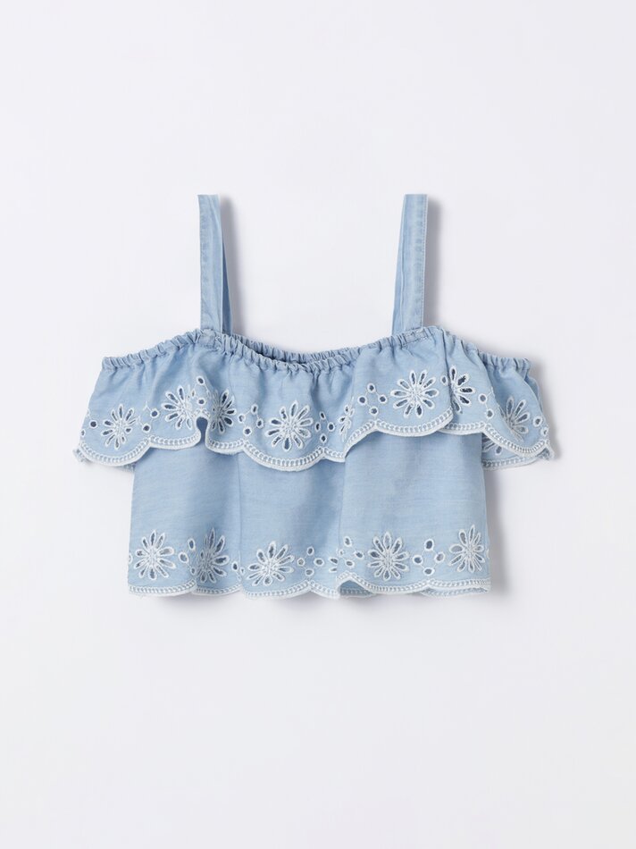 Top jeans leve com bordado suíço - Azul/branco