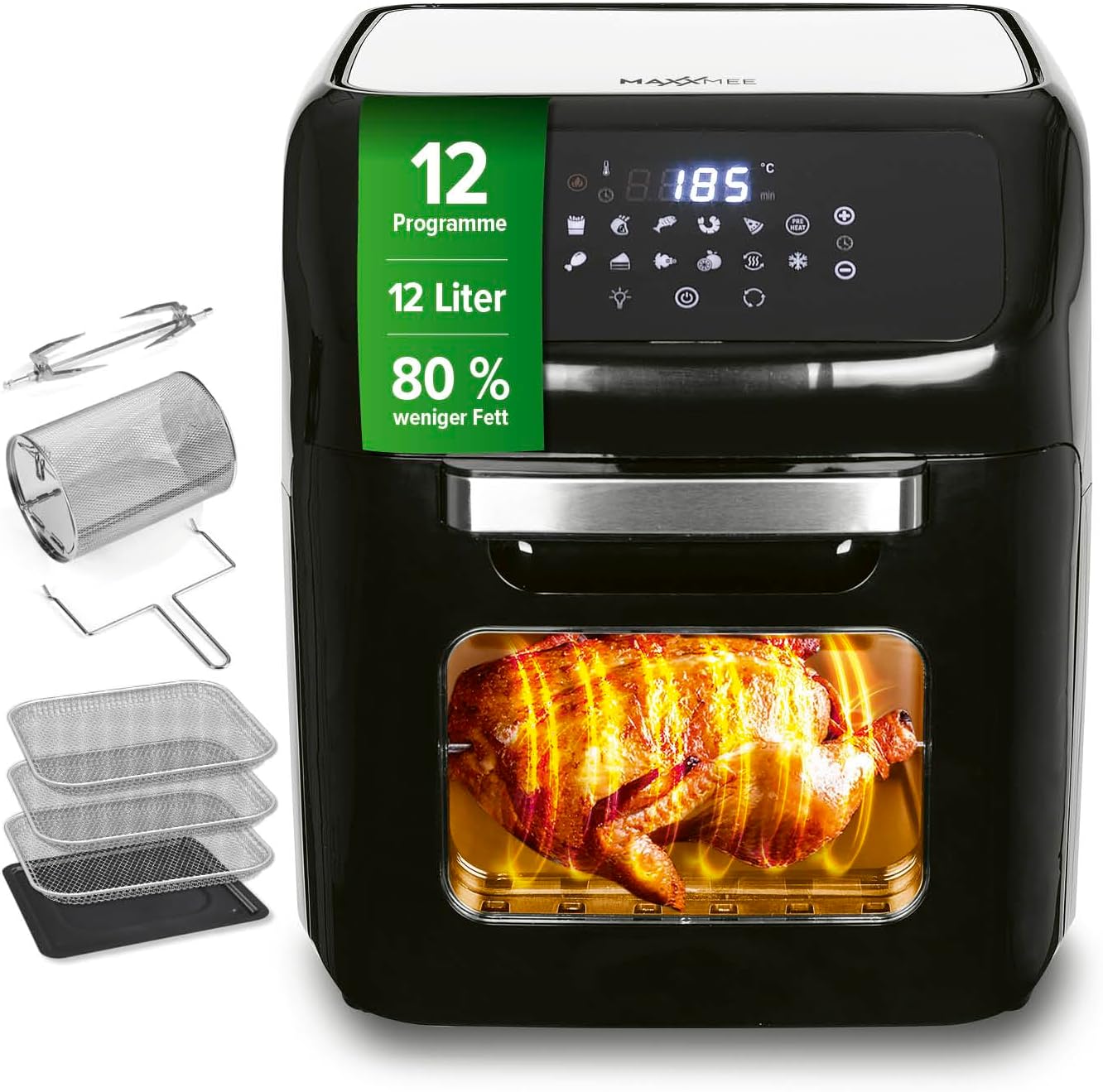 MAXXMEE Heißluft-Fritteuse Digital | Heißluftfritteuse XXL 12L bis zu 1,8kg Pommes | 3in1 Heißluftofen, Grill und Fritteuse | Fett- und geruchsarme Zubereitung mit Heißluft-Zirkulation [schwarz]