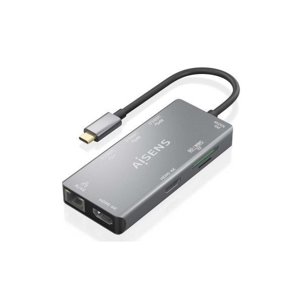 Aisens Docking Station ASUC-9P018-GR   USB-C de 9 Portas 2xHDMI 1xRJ45 2xUSB 3.0 1xUSB 2.0 1xUSB-C PD Leitor de Cartões SD/MicroSD Cinzento