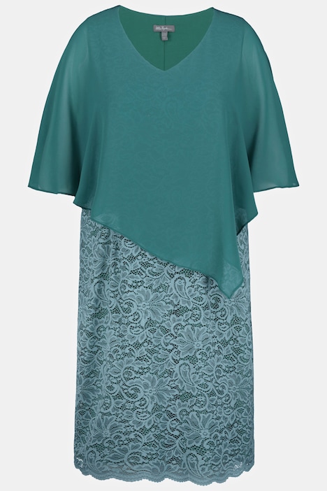 Abendkleid, Chiffon-Cape, Jersey, Spitzensaum, 3/4-Arm