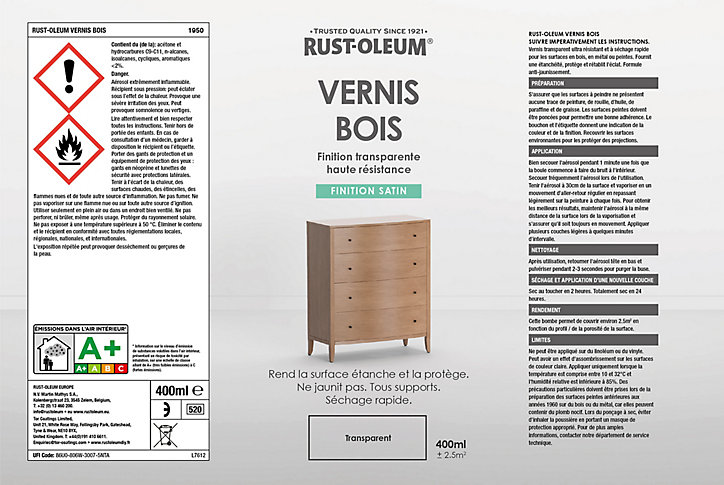 Vernis bois en bombe aérosol Rust-Oleum transparent satin 400ml