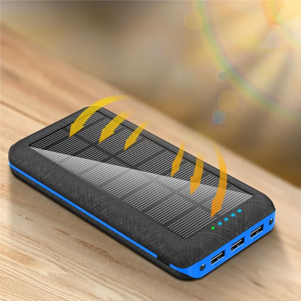 (20000mAh) 3-fach USB A Qi Wireless Outdoor Solar Powerbank mit Taschenlampe mit 2 LED's - Schwarz / Blau