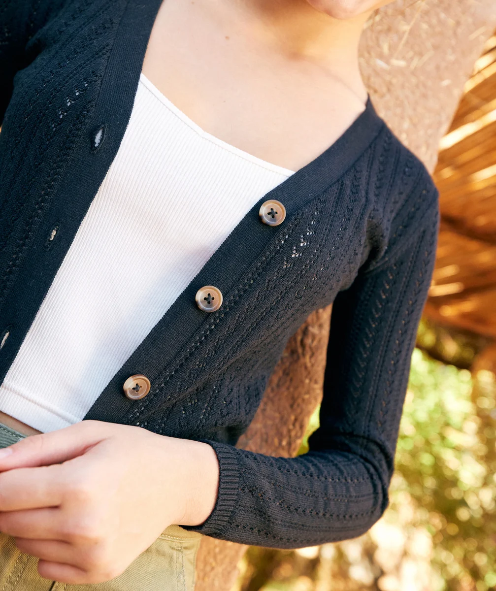 gilet ajouré fille en coton bio noir col v