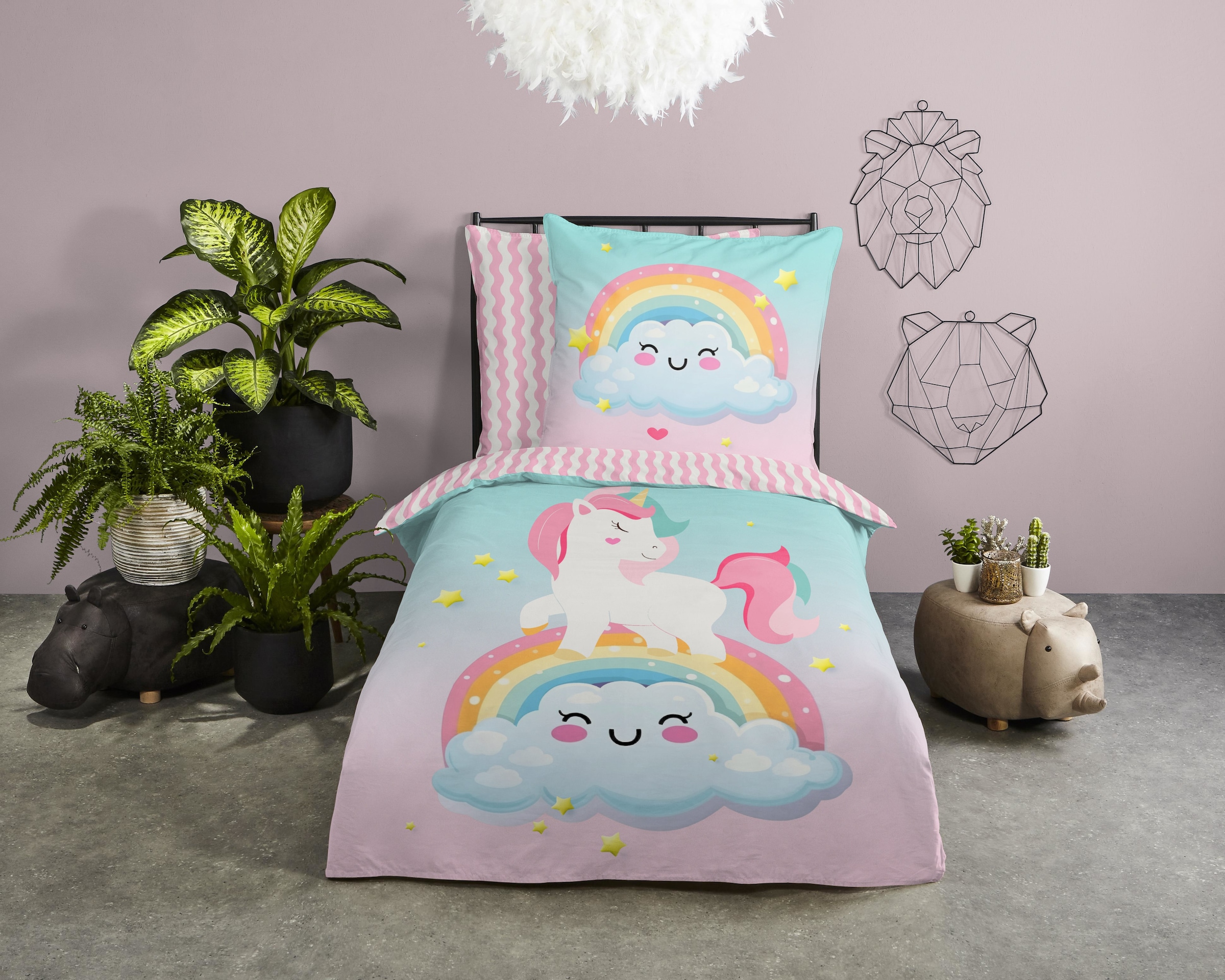 good morning Kinderbettwäsche »Sweety« 2 Stk. tlg. Baumwolle, 135x200, Wendeoptik, Kind, Einhorn, Regenbogen, Rosa, Multi