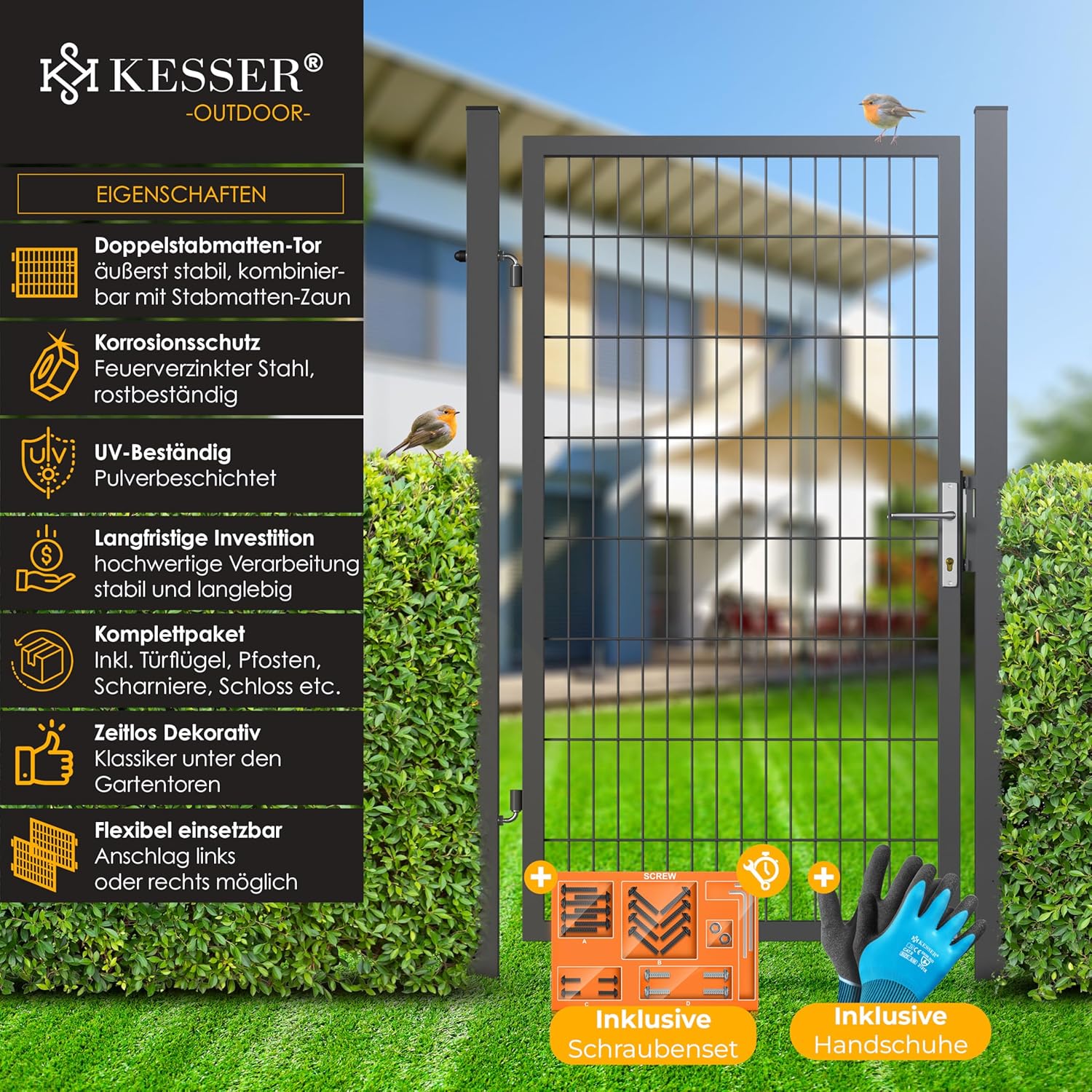 KESSER® Gartentor Premium Gartentür aus Metall verzinktem Stahl, Gartentür für Stabmattenzau Zauntor, Hoftor, inkl. Pfosten mit Schloss Türklinke und Schlüssel, 160 x 106cm Anthrazit