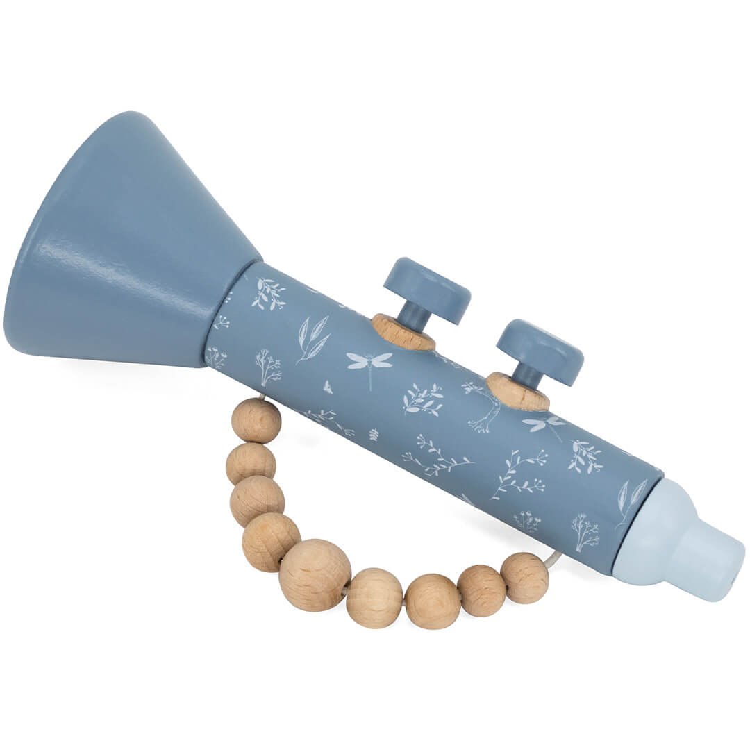 Label label trompet met rammelaar - blue