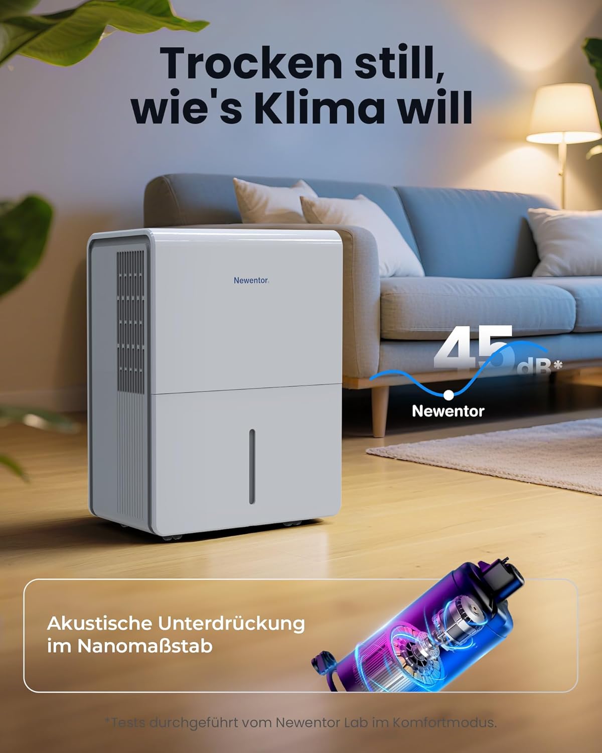 Newentor Luftentfeuchter 25L/24h, Für 215m³/80m² Räume - 3 fache Geräuschreduktion - Stromsparender Chip - Einfache Bedienung - 10 J. Gar. - Mit 1M Ablaufschlauch&Abnehmbarem Filter, Timer