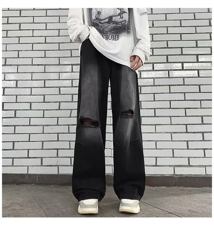 Kenning - Mid Rise Washed Distressed Wide Leg Jeans
