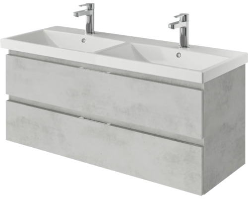 3-delige badkamermeubelset Pelipal serie 4035 BxHxD 120 x 200 x 45 cm, fronten grijs, met witte keramische wastafel en keramische dubbele wastafel, badmeubel, spiegelkast met LED-verlichting 40351200121030
