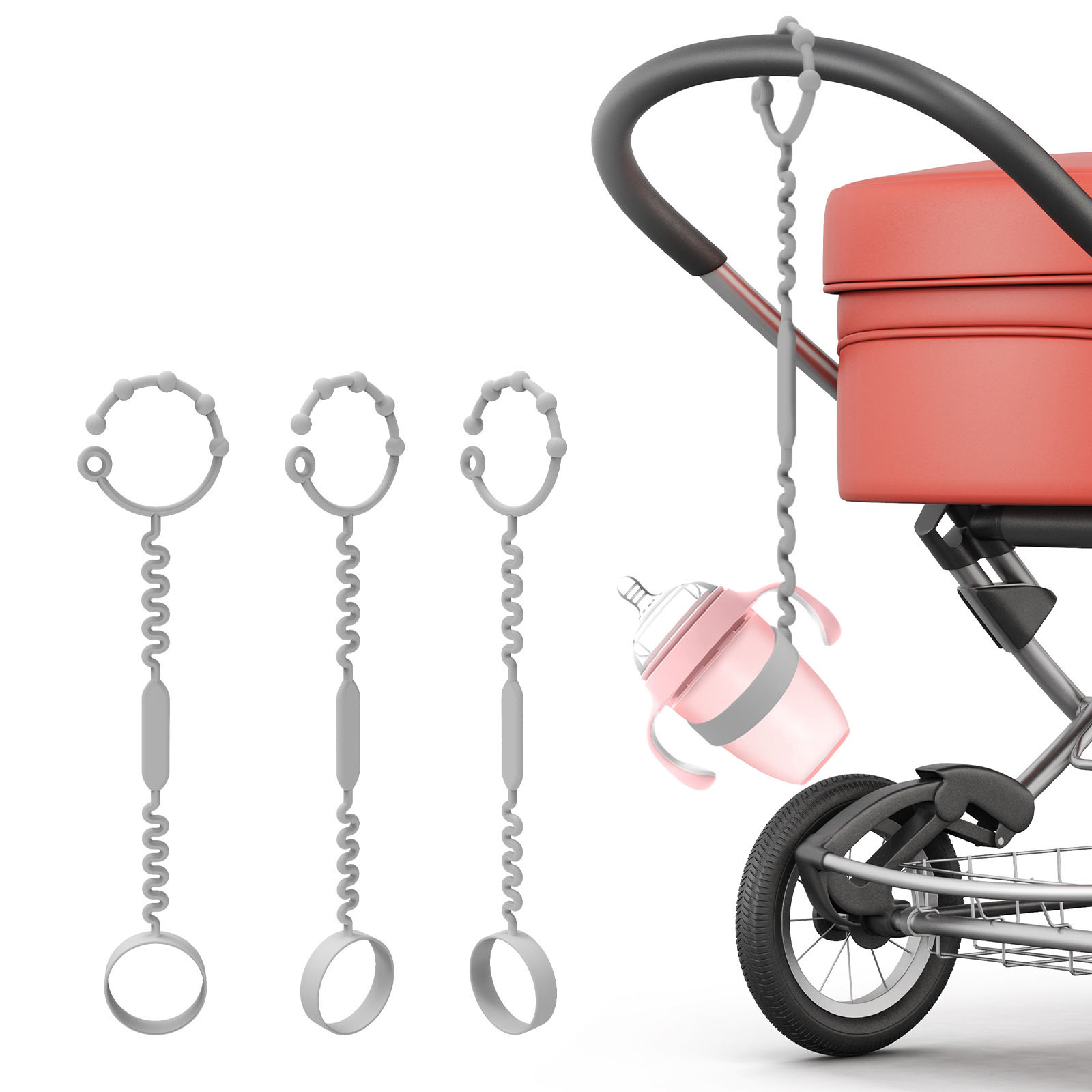 (34cm) Silikon Kinderwagen Flaschen Halterung Cup Catcher Fallschutz für Fläschchen / Spielzeug - Grau