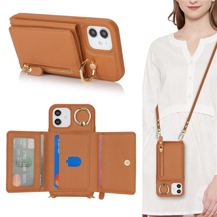 iPhone 12 / iPhone 12 Pro Necklace Leder Hülle mit Münzfach und Kartenfächer   Finger Griff Halterung   Handykette - Braun