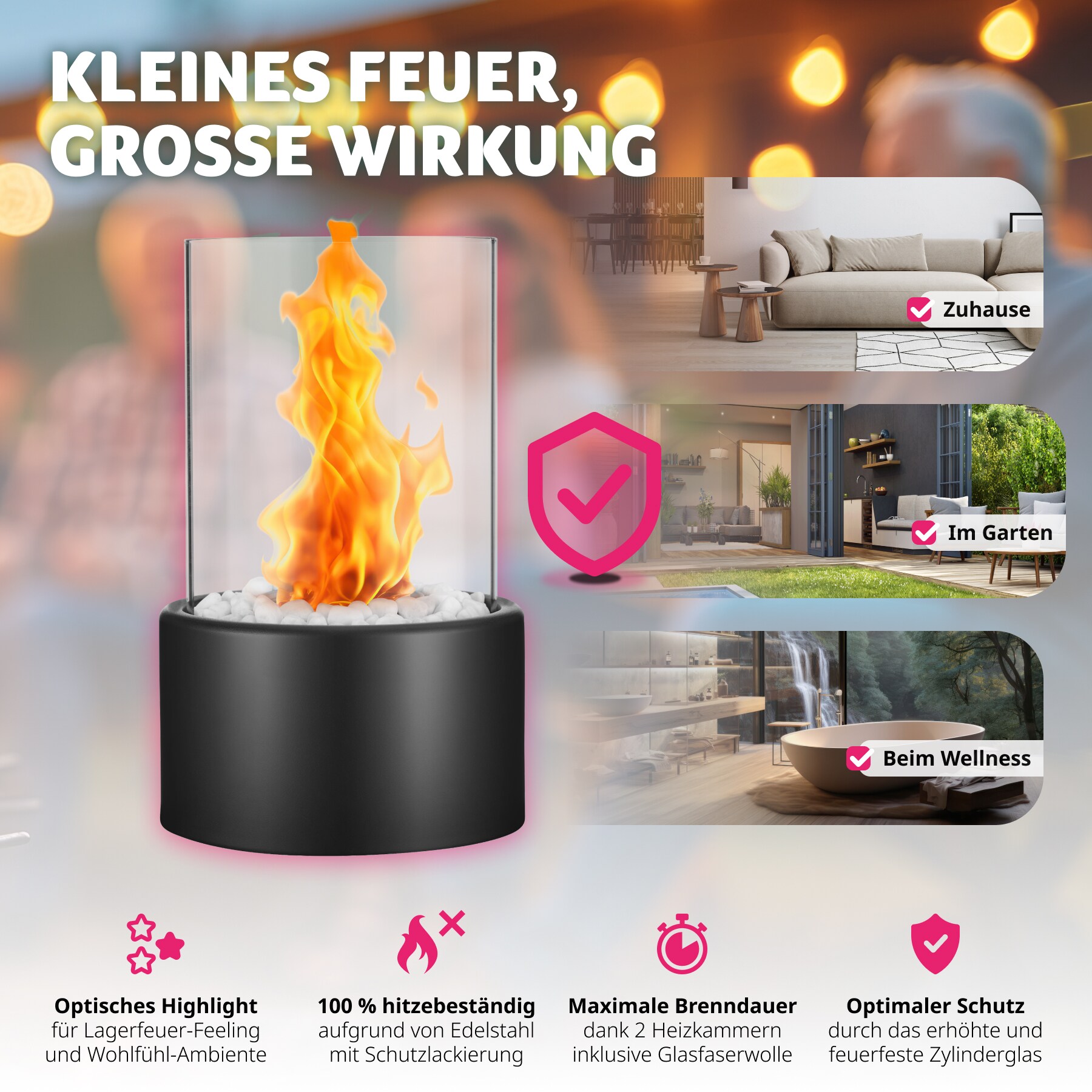 tectake® Bioethanol-Tischkamin, hitzefest, 2 Brennkammern mit Glasfaserwolle, 16,5 x 26 cm