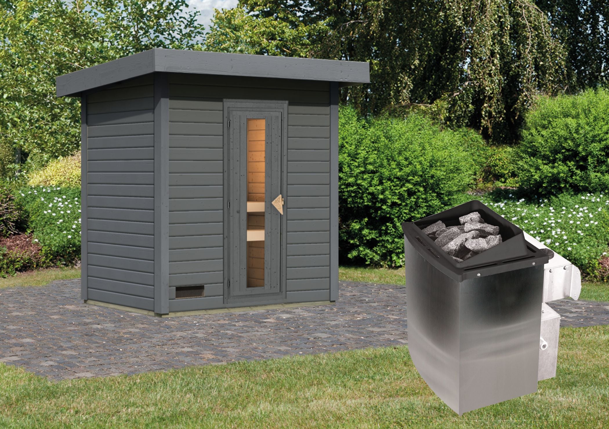 Karibu Saunahaus 38mm Melo 1 Ofen 9 kW integr. Strg terragrau