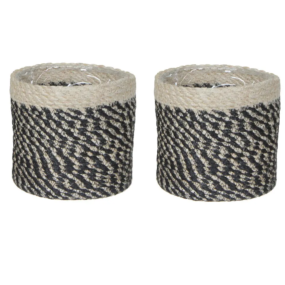 Mica Decorations Plantenmand - naturel met zwart - rotan - 12 x 12 cm