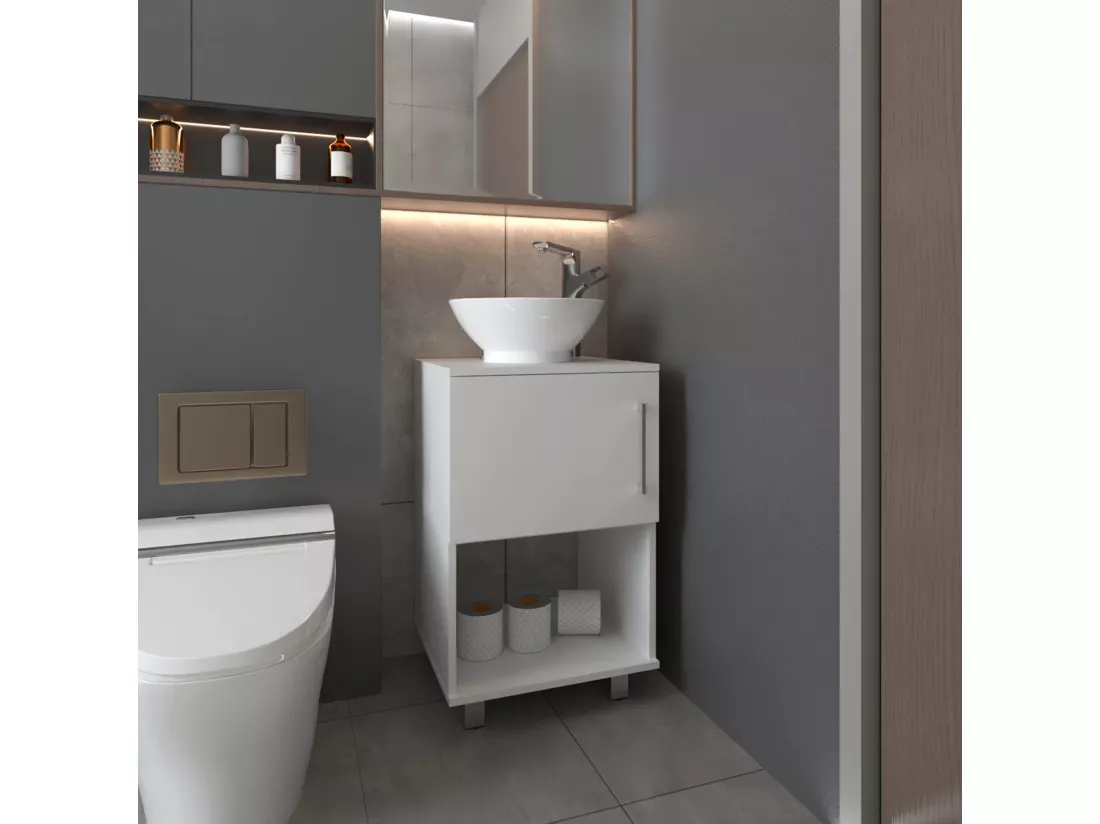 Meuble sous-lavabo Gouda en mélamine avec rangement et lavabo en céramique, 88.97 cm X 44.98 cm X 44.98 cm, Blanc