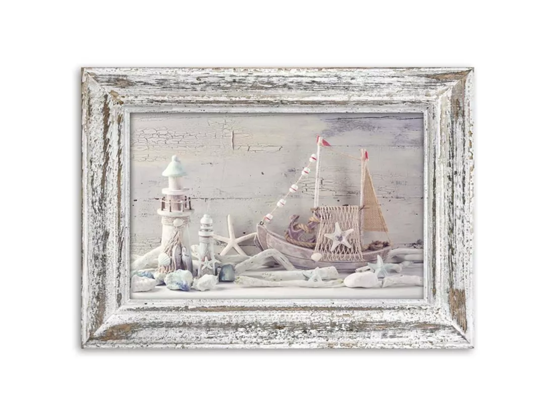 Tableau bois souvenirs de la mer dans un cadre en bois shabby chic - 60 x 40 cm