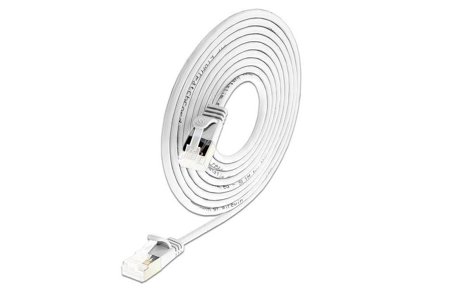 Slimpatchkabel RJ-45 - RJ-45, Cat 6A, U/FTP, 0.5 m, WeissGeschirmtes Cat 6A flaches Twisted-Pair-Kabel (U/FTP) mit Klinkenschutz und vergoldeten RJ-45 Steckern