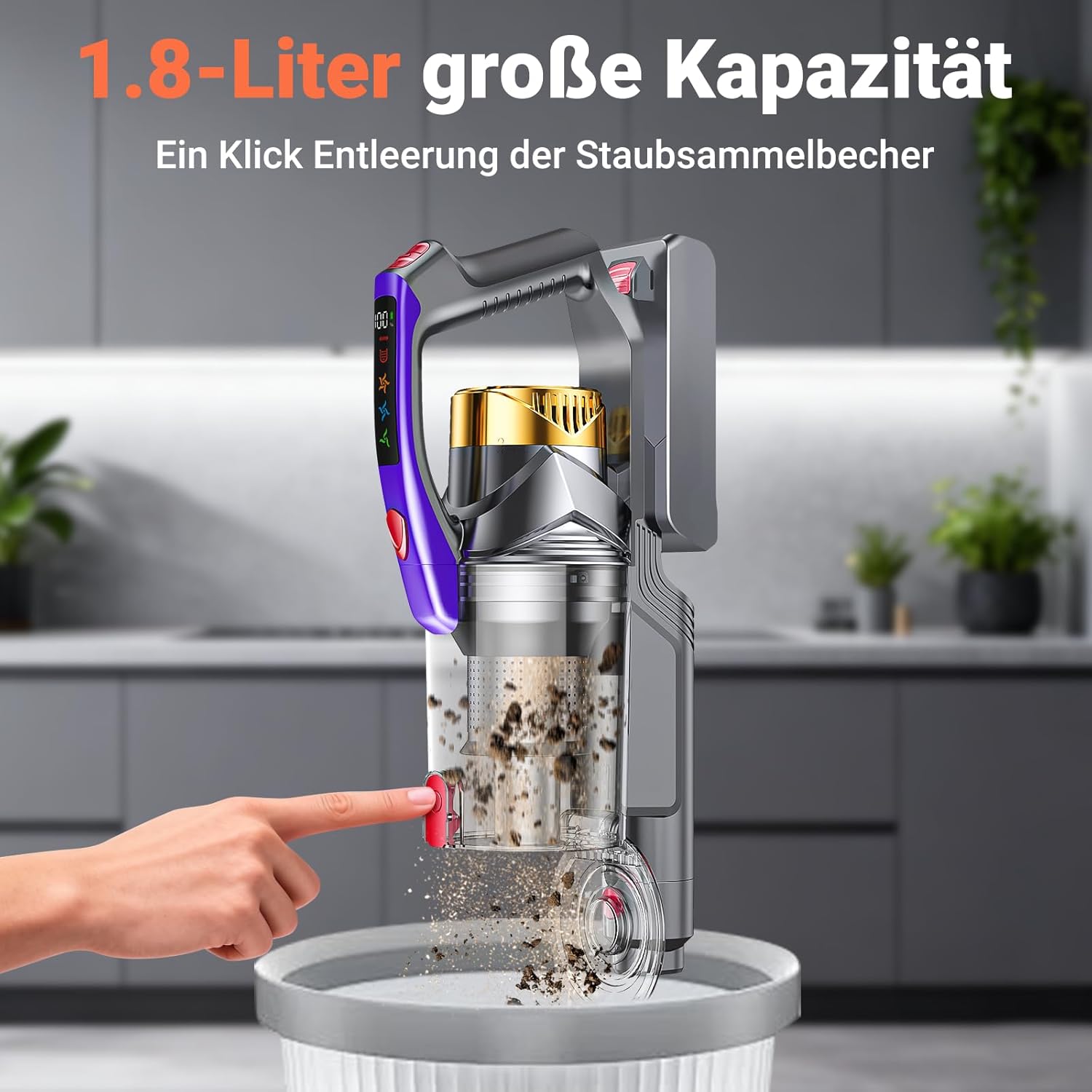Akku Staubsauger Kabellos, 58KPa/550W/50Mins Akkustaubsauger mit LED-Display und Anti Tangle Bürste, 1,8L Kabelloser Staubsauger, Vacuum Cleaner für Tierhaare/Teppiche/Hartböden/Auto, Grau & Gold