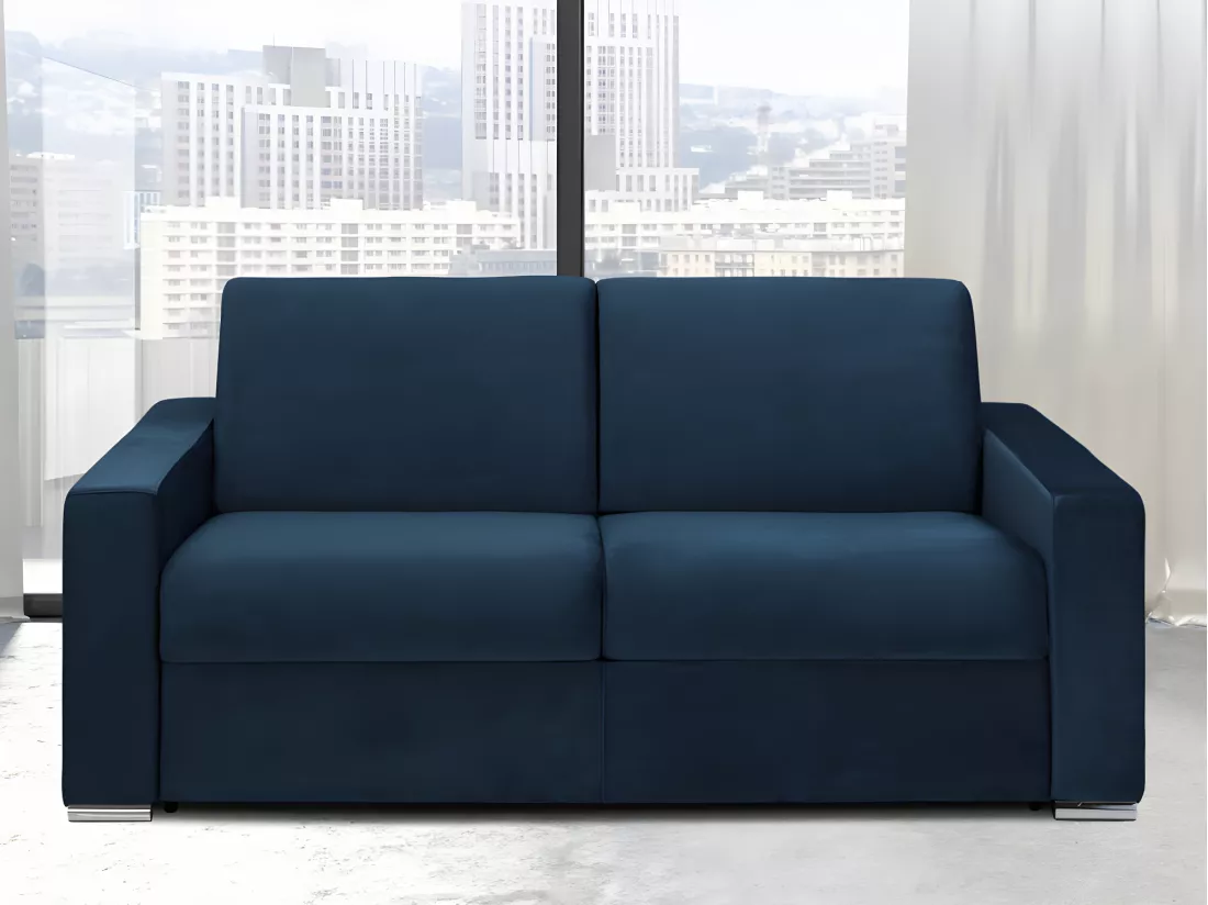 Canapé 2 places convertible express en velours bleu nuit - Couchage lattes larges 120 cm - Matelas 14 cm avec mémoire de forme CALITO