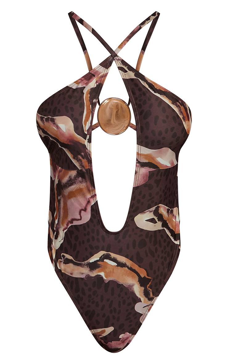 Marron Maillot De Bain Échancré À Décolleté Plongeant Imprimé Animal