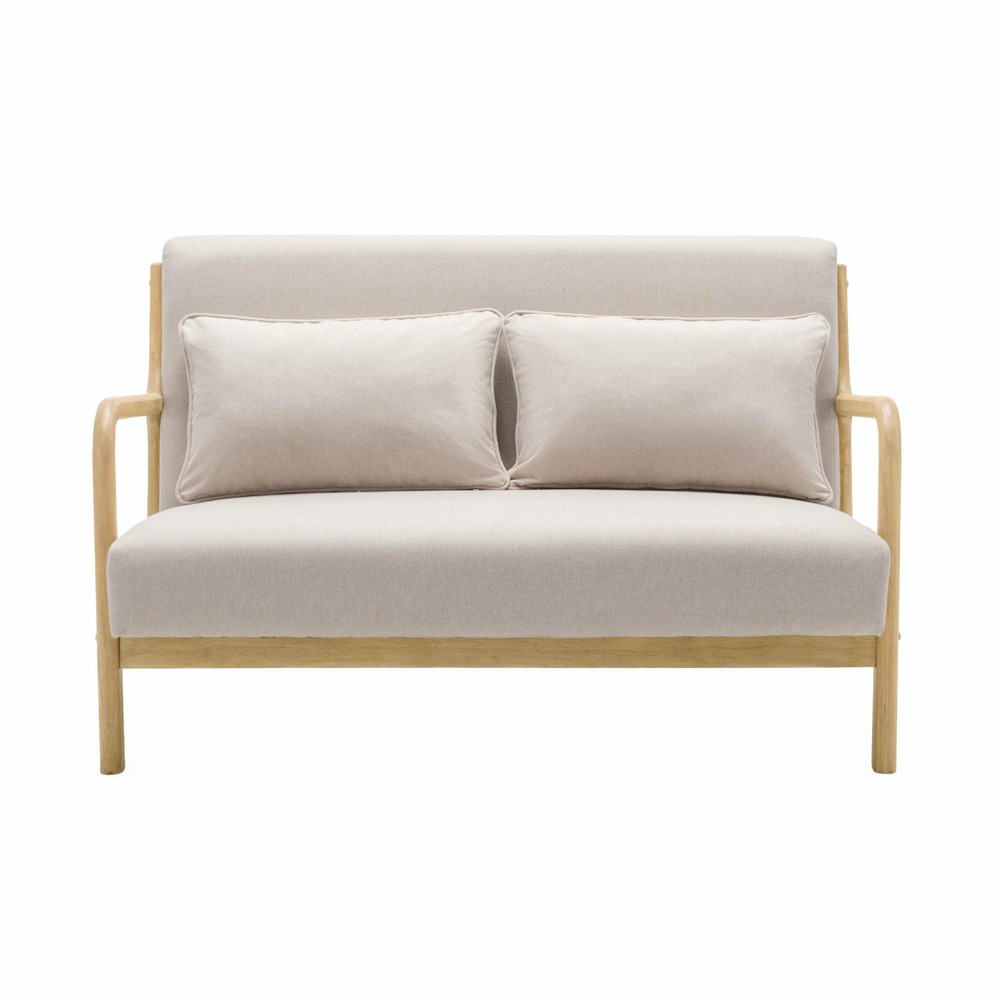 Banquette 2 places scandinave en bois et tissu beige. Lorens. L 124 x p 83 x h 77cm cm