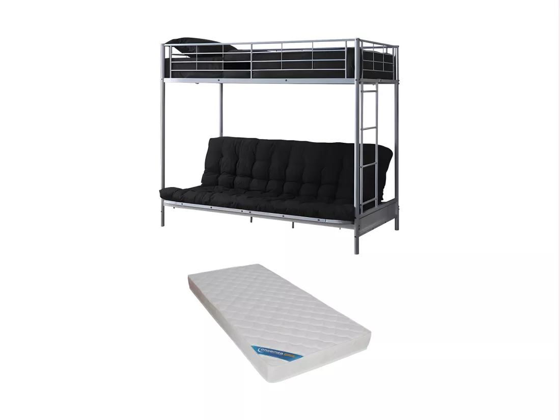 Lit mezzanine 90 x 190 cm - Avec banquette convertible - Métal - Argent + Futon + Matelas - MODULO V