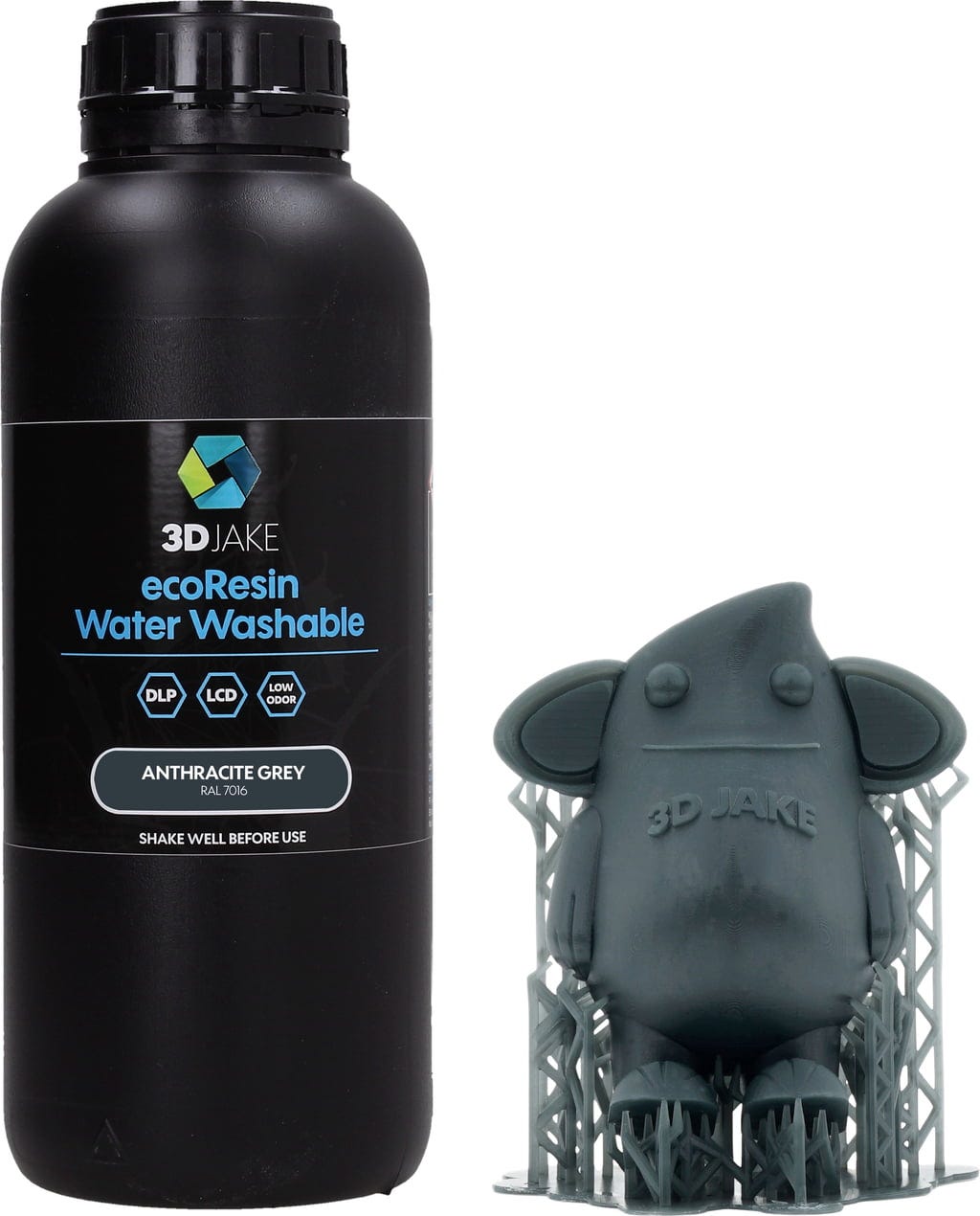 3DJAKE  ecoResin Water Washable Anthrazitgrau, 1.000 g    Hochwertiges, wasserwaschbares Resin für effizienten 3D-Druck in Anthrazitgrau