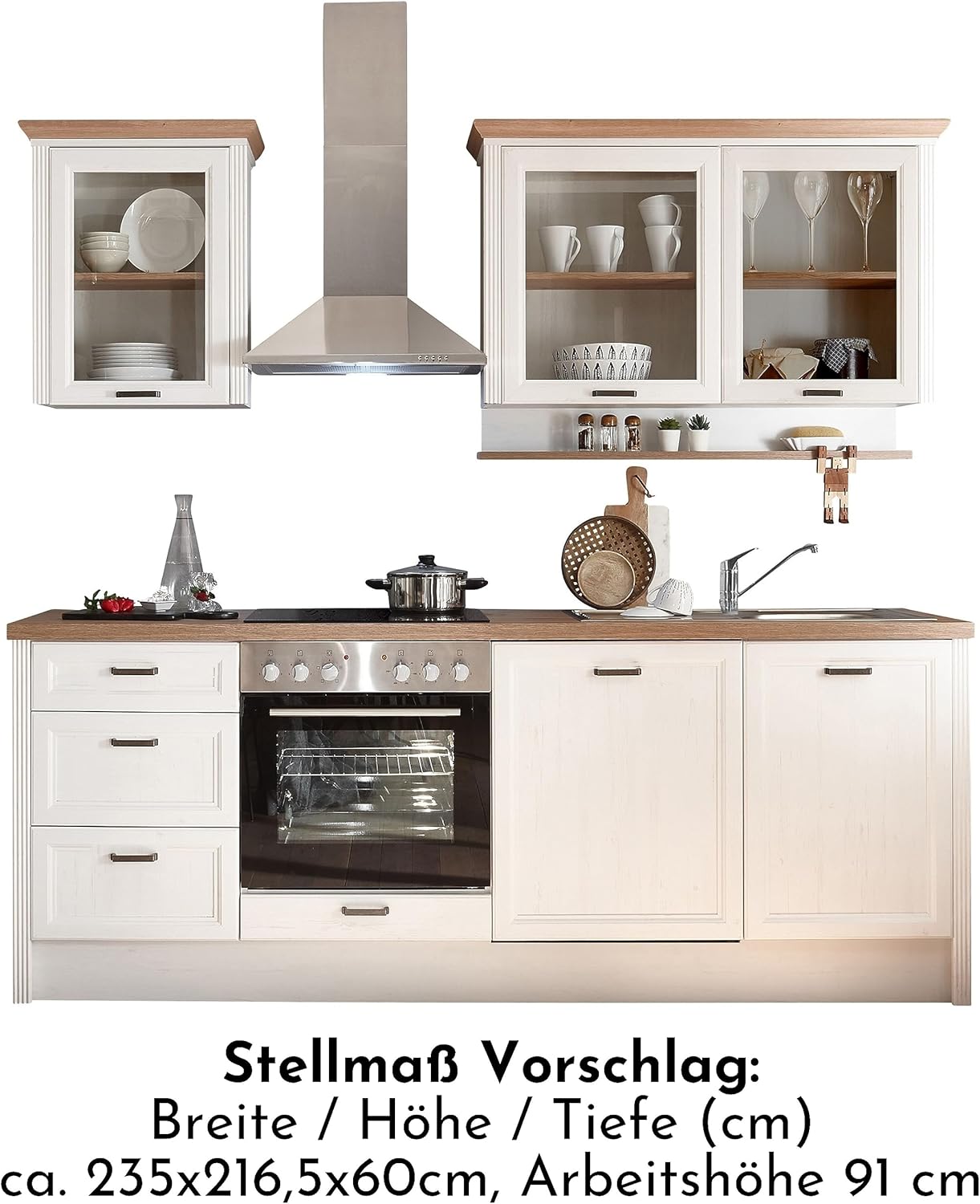 JASMIN Moderne Küchenzeile ohne Elektrogeräte in Pinie hell, Artisan Eiche Optik - Geräumige Einbauküche im Landhausstil - 235 x 216,5 x 60 cm (B/H/T)