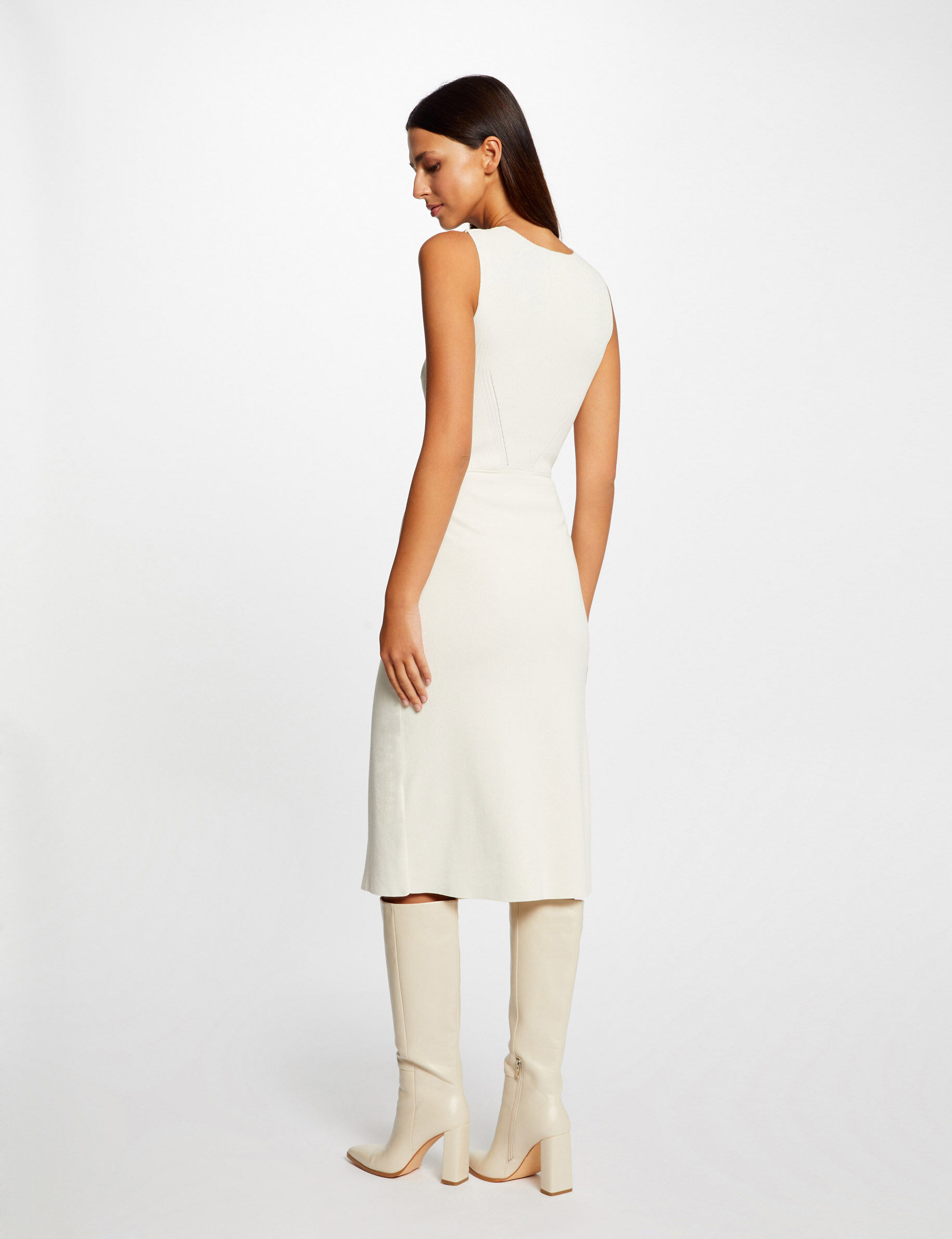 Robe pull midi ajustée col en V ivoire femme - ivoire