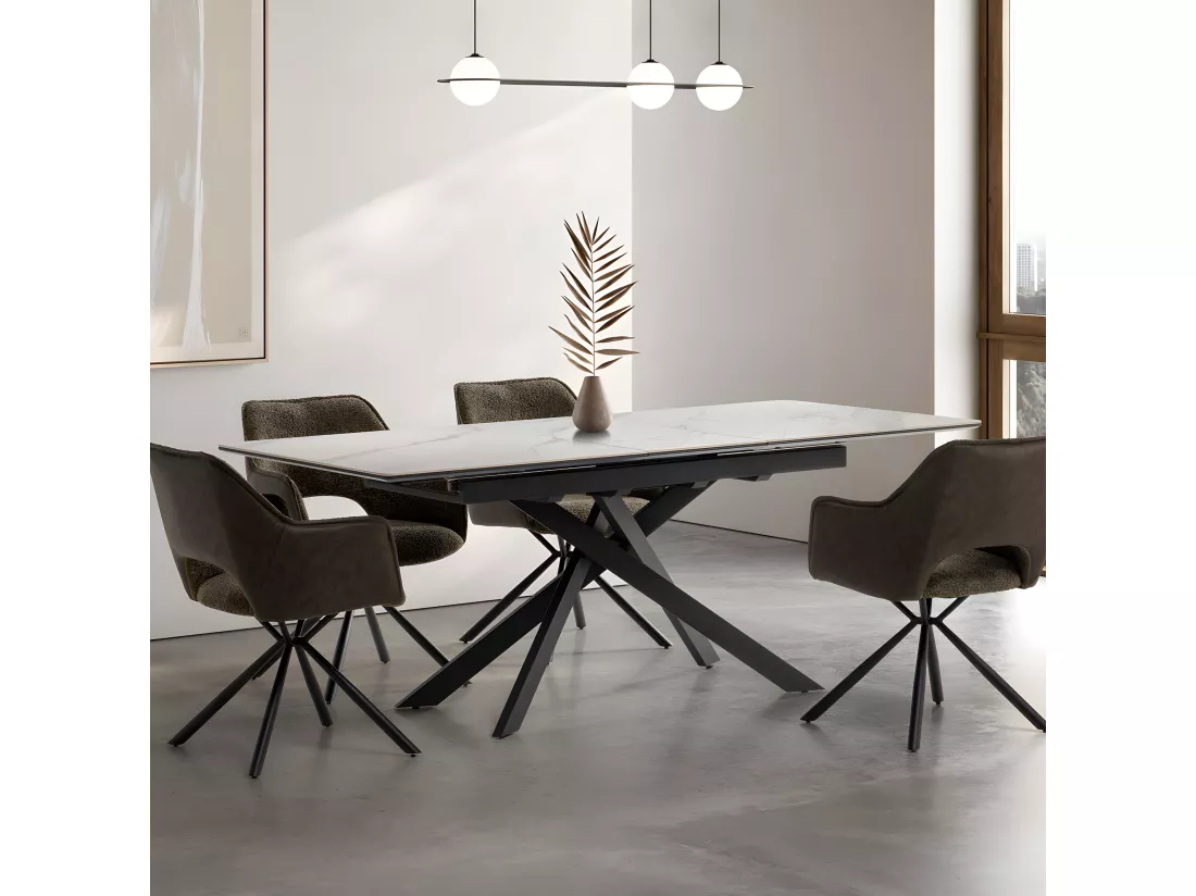 Kelmor - Table à manger extensible 6 à 8 personnes en céramique et métal 160-200x89,5cm - Blanc