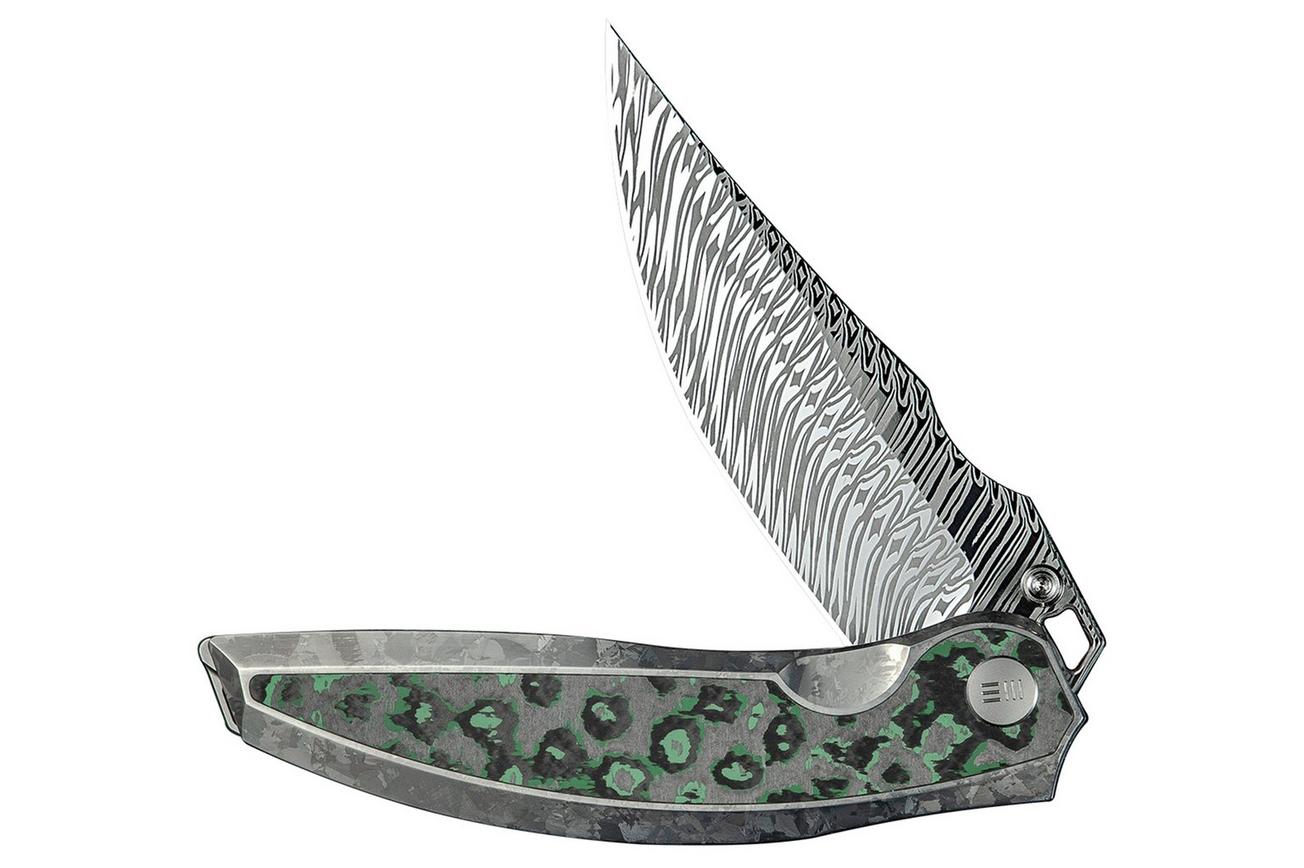 WE Knife Quinseris WE23093-DS1 Fafnir Damasteel, Crystalized Silver Titanium Jungle Wear Fat Carbon Inlay, zakmes