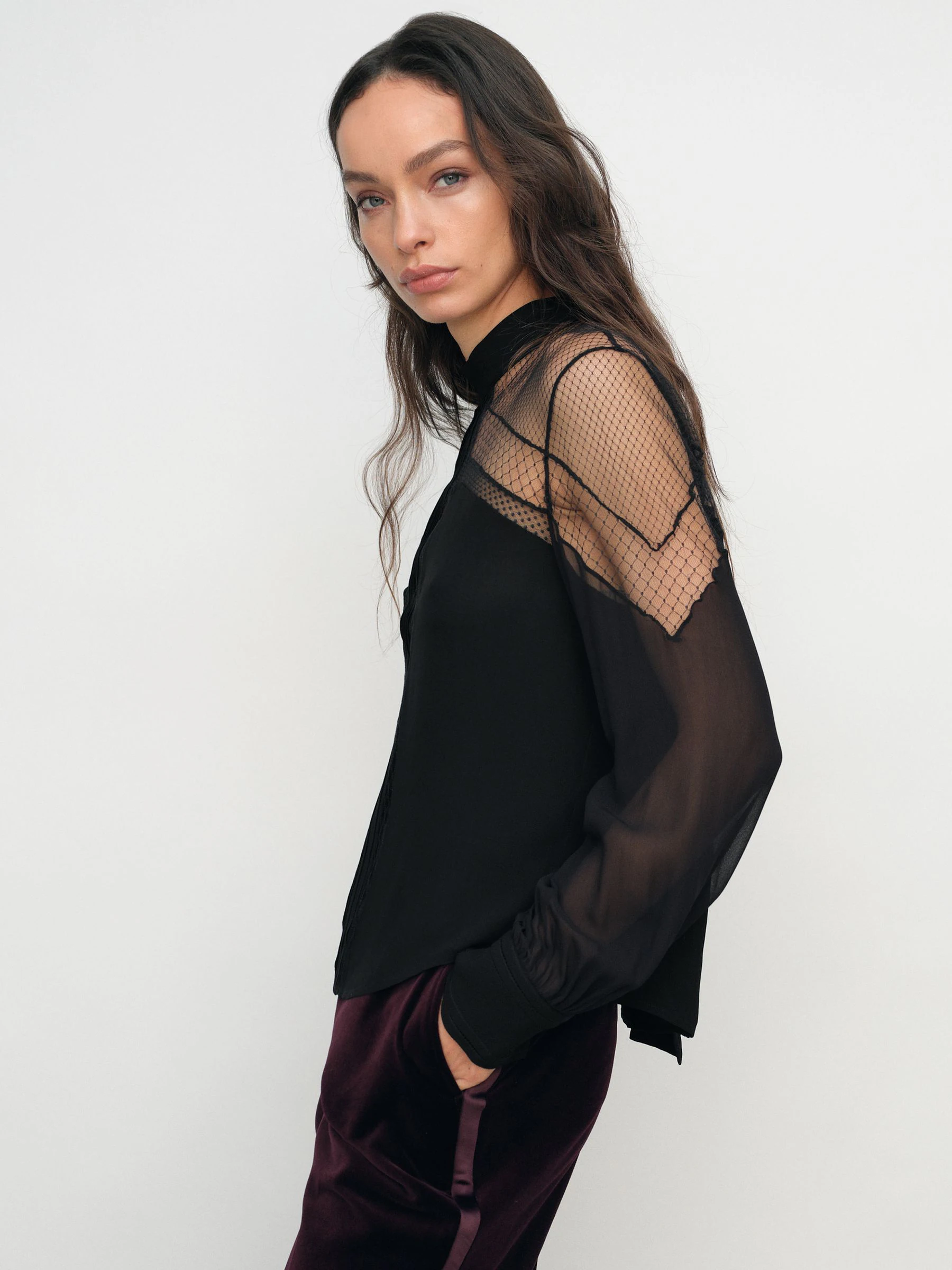 Reiss Marnie Lace-Insert Tie-Back Blouse