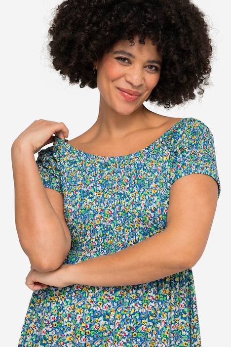 Jersey-Maxikleid, Alloverdruck, gesmokte Büste, Halbarm