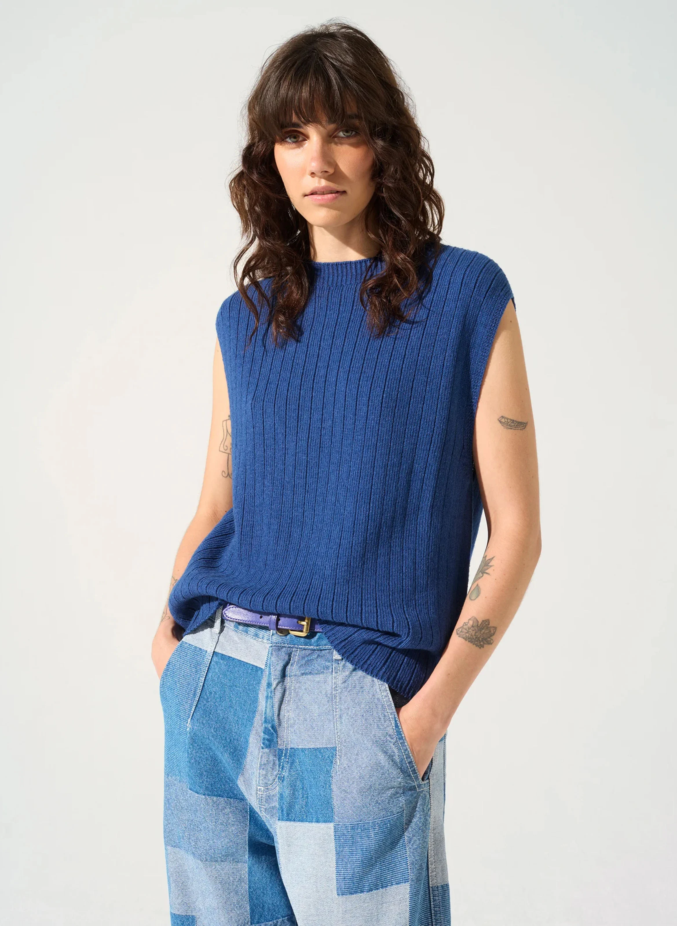 TRACY - Pull col rond droit en coton et laine mélangé | Bleu