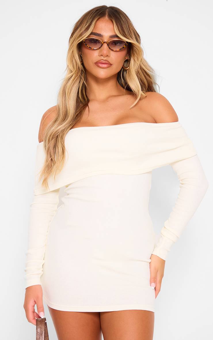 Crème Robe Moulante Côtelée À Épaules Dénudées Bardot Et Manches Longues