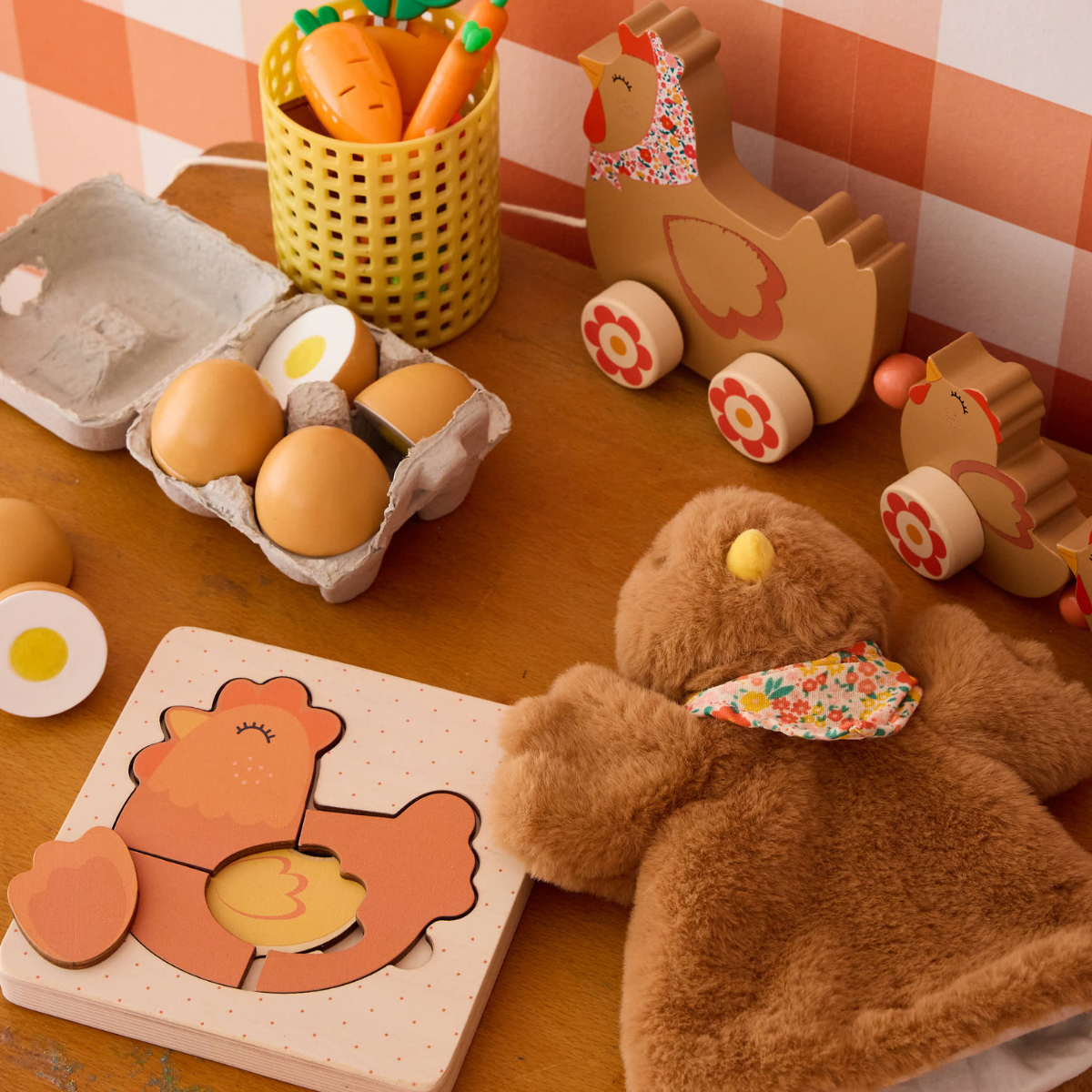 Famille poule à tirer jouet en bois - La petite poule rousse Mercredi et Patati